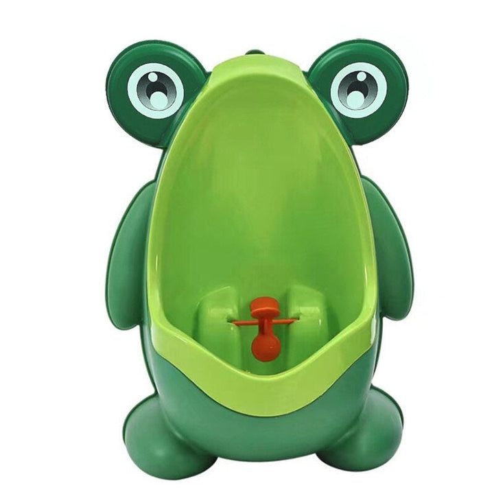 Green frog-shaped potty-training urinal with a red aiming target inside the bowl