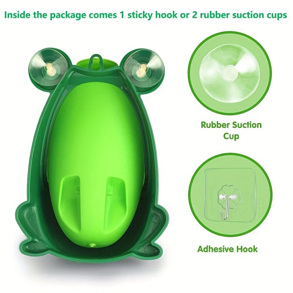 Rear view of green frog urinal with suction cups and an adhesive hook mounting option