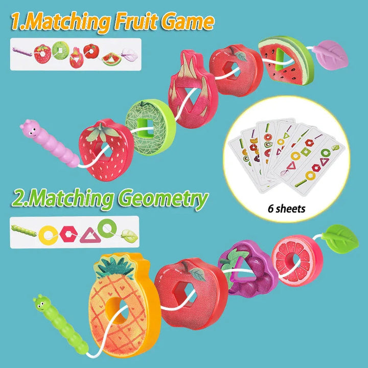 Fruit and shape matching activities using caterpillar laces and six illustrated cards