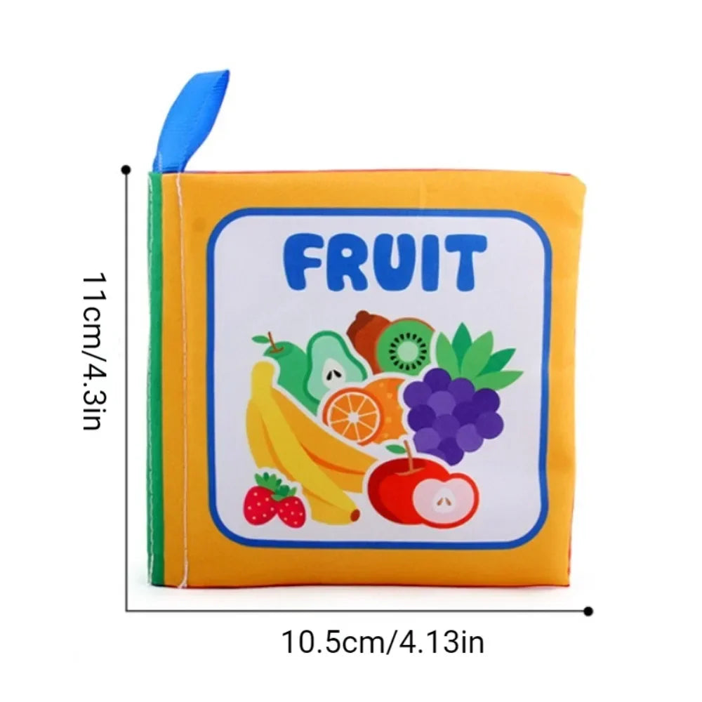Fruit fabric book with measurements of 11 cm high by 10.5 cm wide