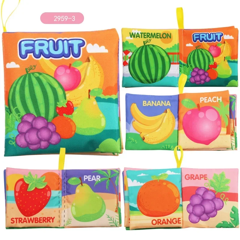 Fruit fabric book with watermelon, banana, peach, strawberry, pear, orange and grape pages