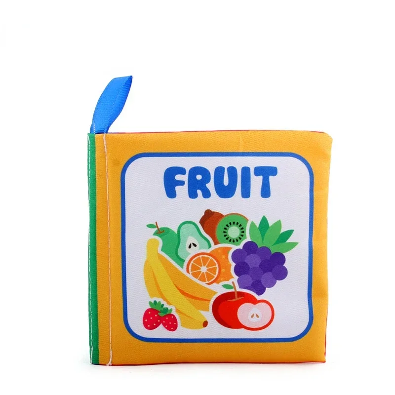 Yellow fruit fabric book cover with colorful fruit illustrations and a blue loop