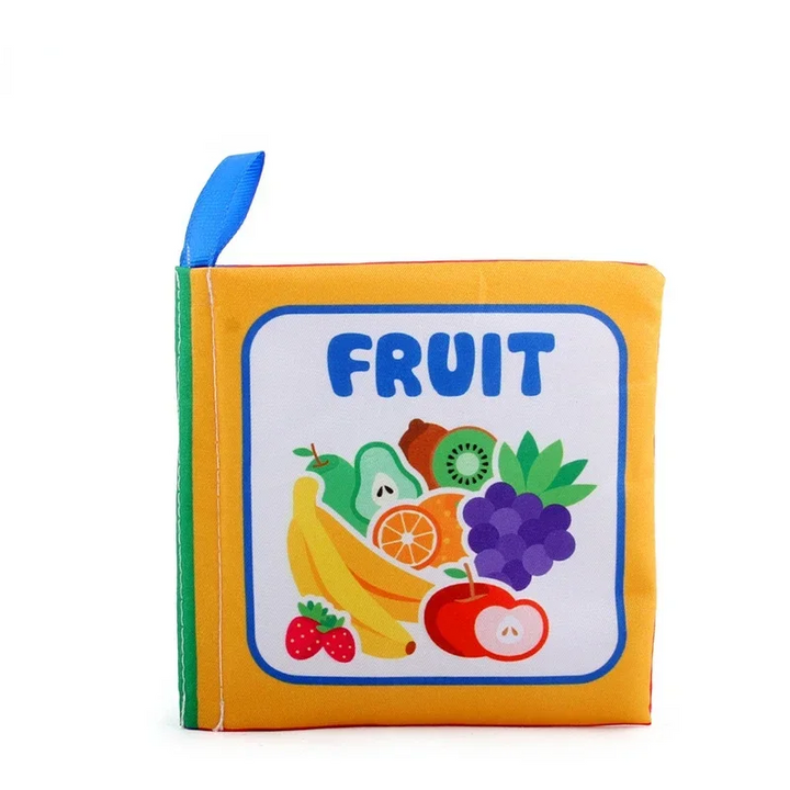 Yellow fruit fabric book cover with colorful fruit illustrations and a blue loop