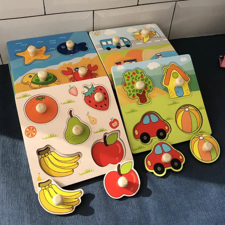 Wooden fruit and house peg puzzles with colorful matching pieces and rounded knobs