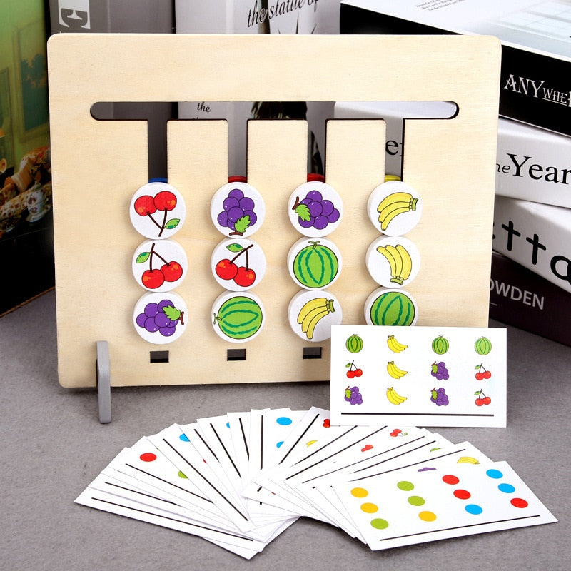 Fruit-side wooden sorting puzzle with a pattern card and a spread of matching cards