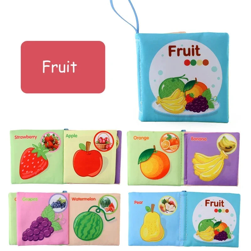 Fruit-themed cloth book shown with colorful illustrated fruit pages