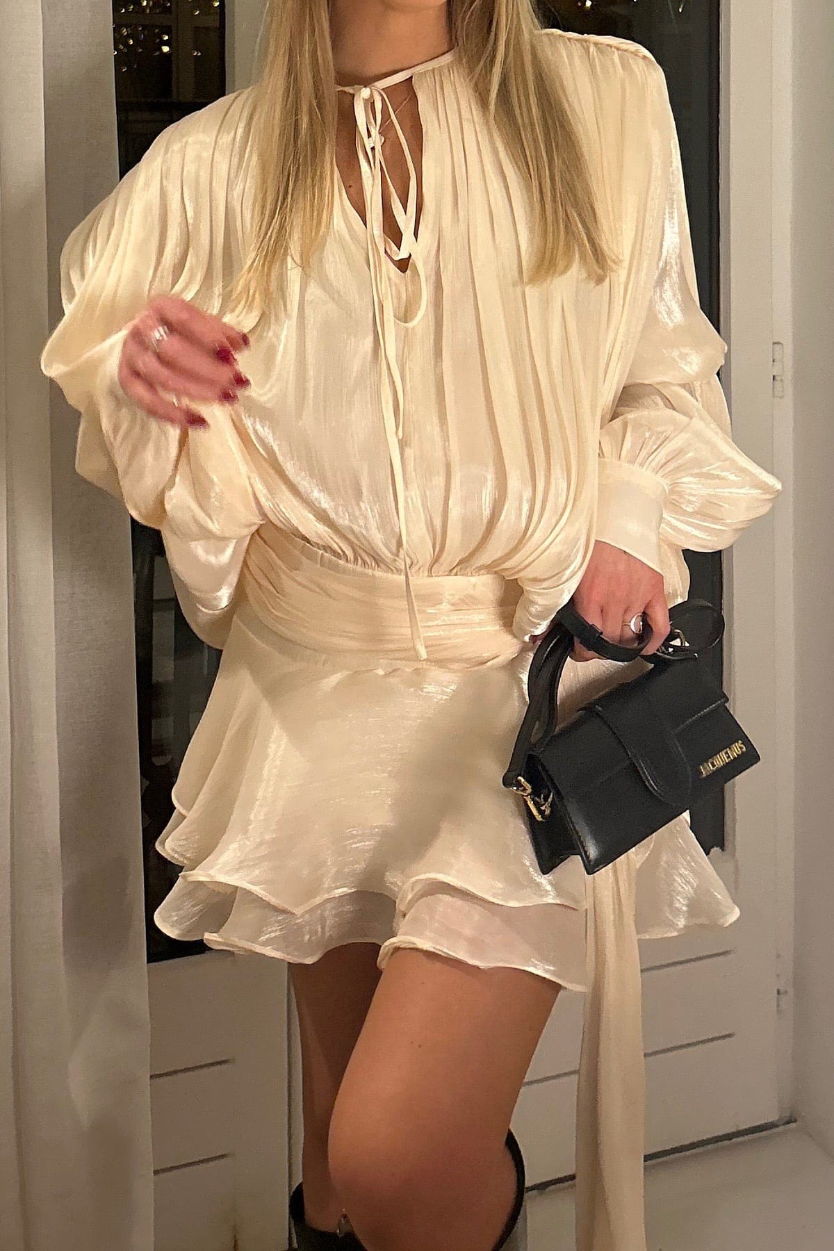 Fully - pleated Ruffled Mini Pixie Dress with Shorts (Beige S) - | Zavonix