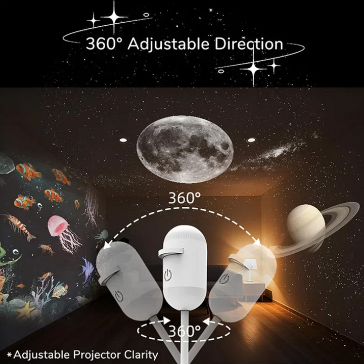 Flexible galaxy lamp shown at different angles with moon, planet, and ocean projections