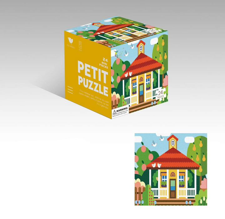 House jigsaw puzzle with a red roof, garden setting, and matching cube box