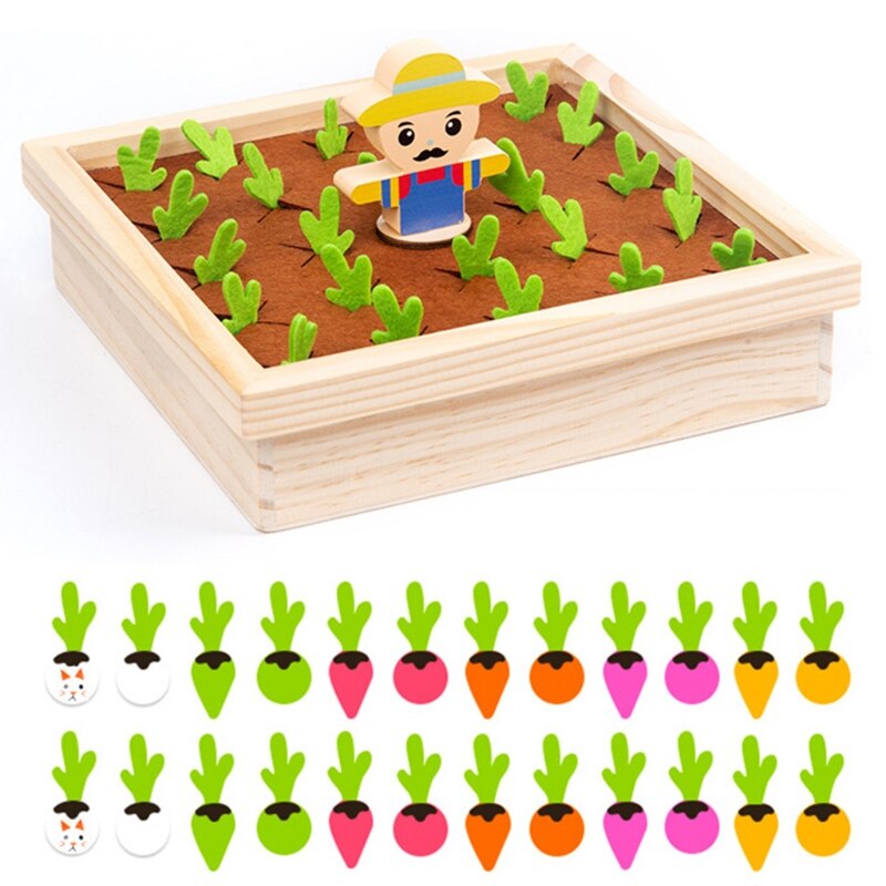 Wooden garden board with a farmer figure and colorful vegetable pieces arranged in two rows