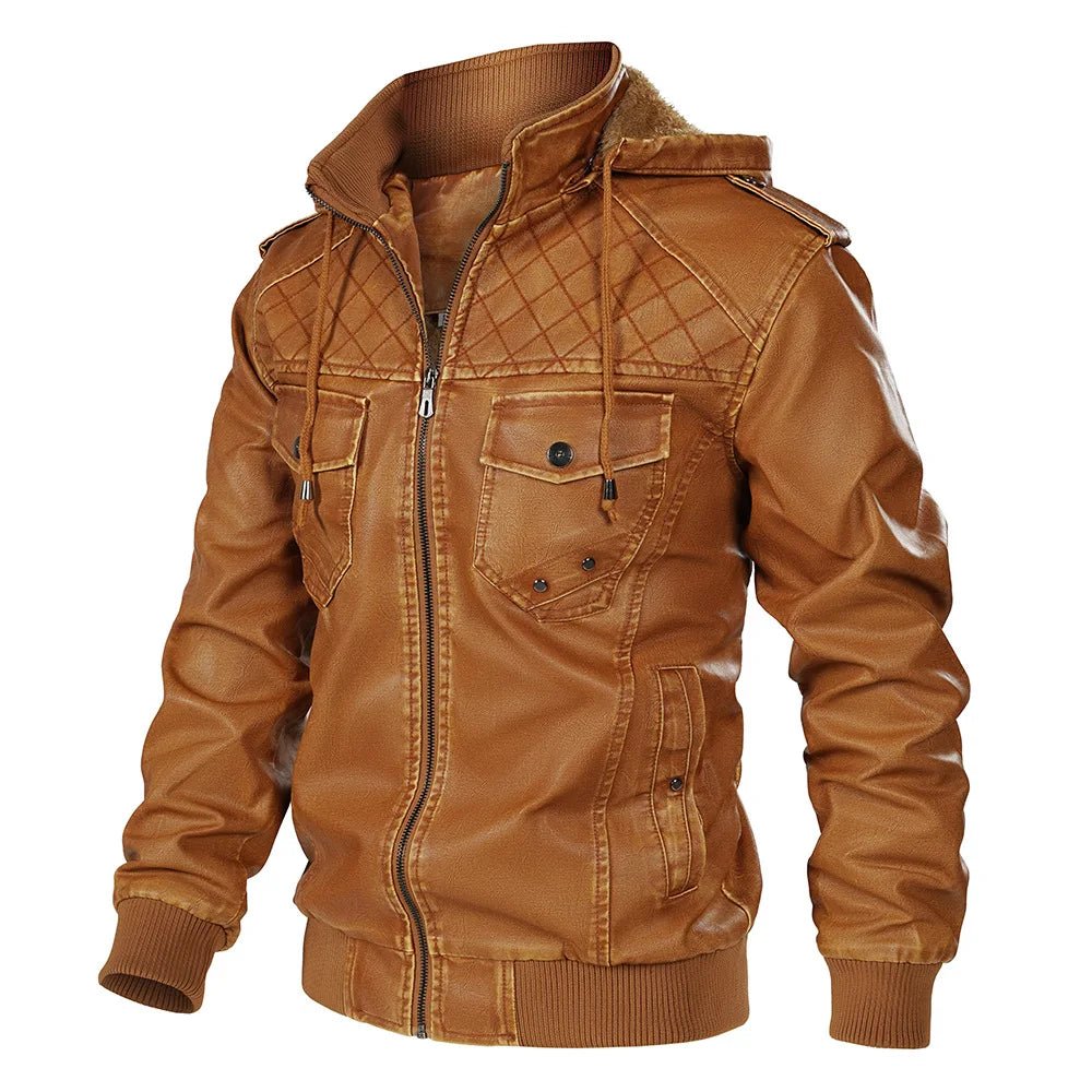 Garren Leather Jacket — Men’s Insulated Hooded Jacket with Fleece Lining (Brown S) - | Zavonix
