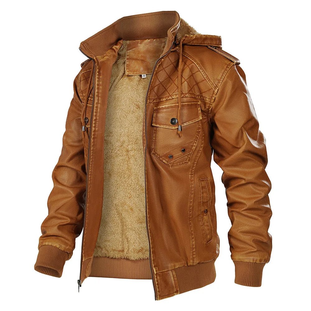 Garren Leather Jacket — Men’s Insulated Hooded Jacket with Fleece Lining (Brown S) - | Zavonix