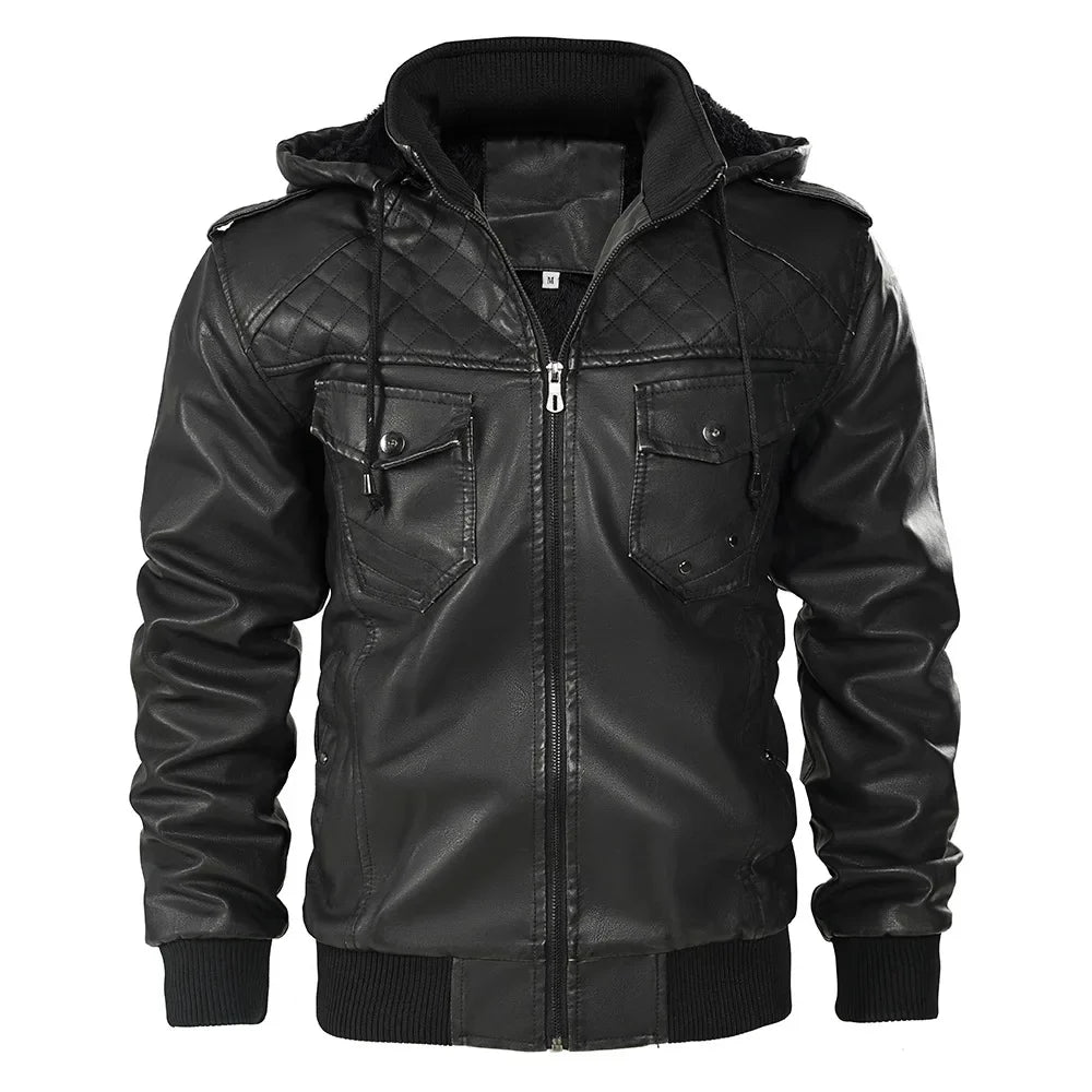 Garren Leather Jacket — Men’s Insulated Hooded Jacket with Fleece Lining (Black S) - | Zavonix