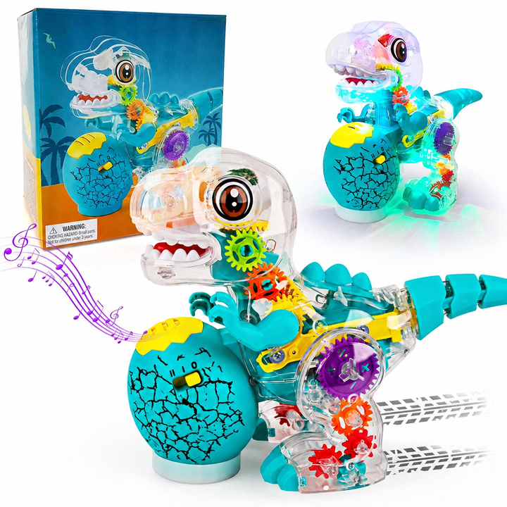 Transparent dinosaur toy with colorful gears, a turquoise egg, and its retail box
