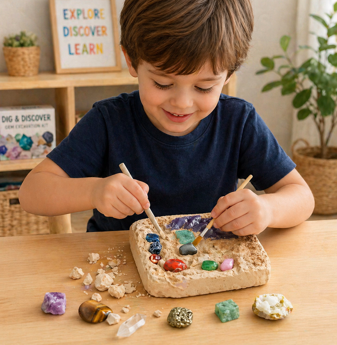 Child digging for colorful gemstones in a plaster block at a wooden table