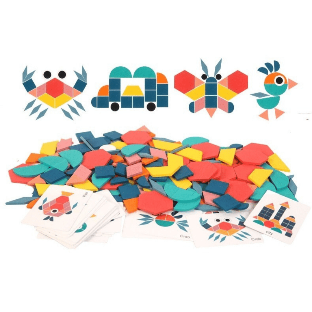 Wooden geometric shapes and cards with crab, car, butterfly, and bird designs