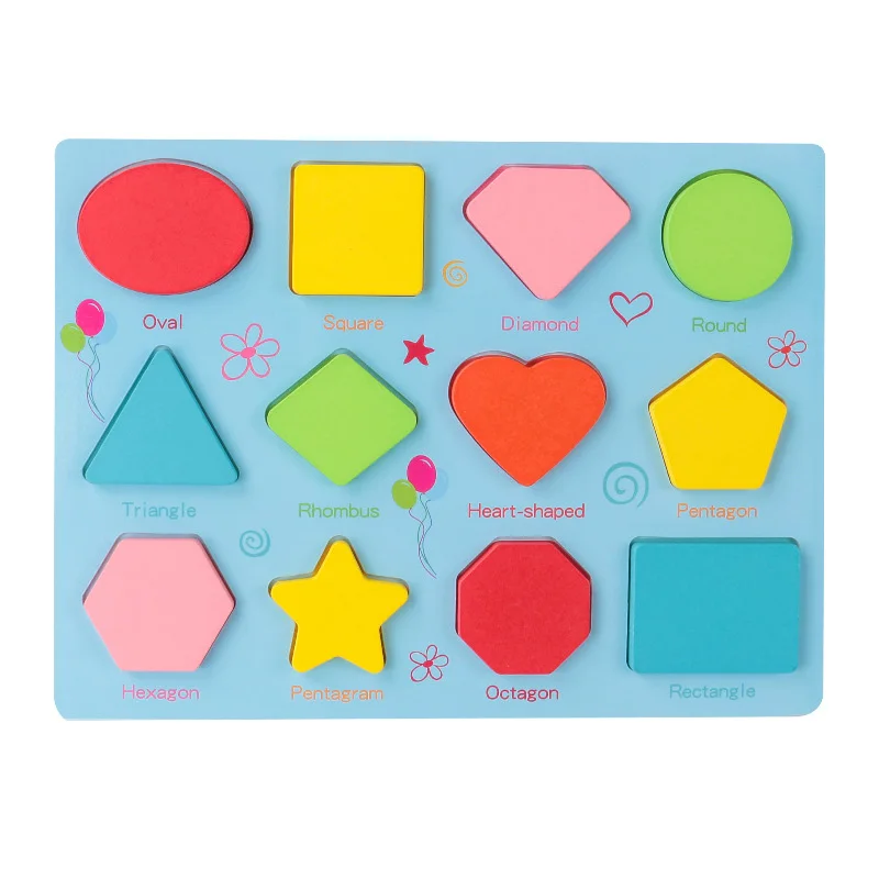 Wooden shape puzzle with colorful geometric pieces, including a heart and star