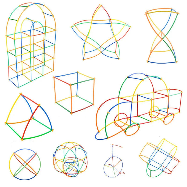 Colorful tube-and-connector models including a star, cube, train, and rounded geometric shapes