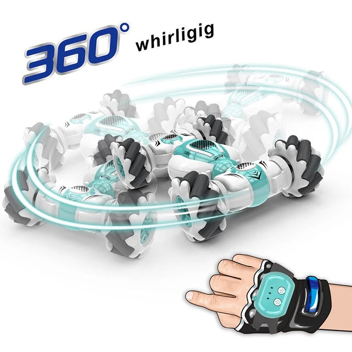 Illustration of a remote control car spinning 360 degrees with a wrist-worn gesture controller