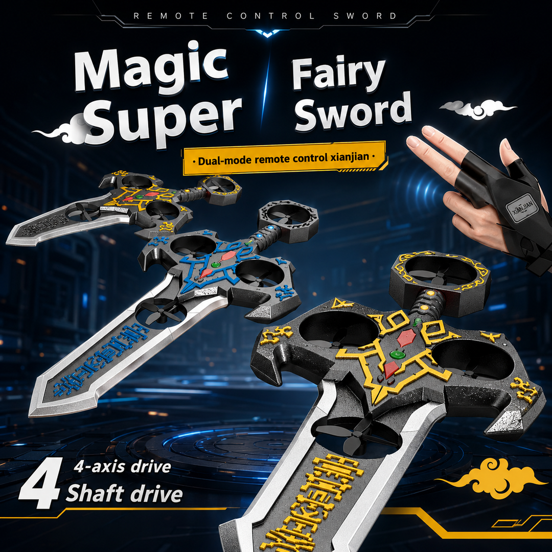 Blue- and gold-accented flying swords shown with a wearable gesture controller