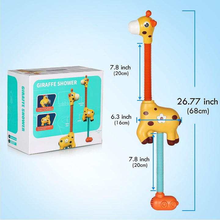 Giraffe bath toy beside its box with labeled neck, body and hose measurements