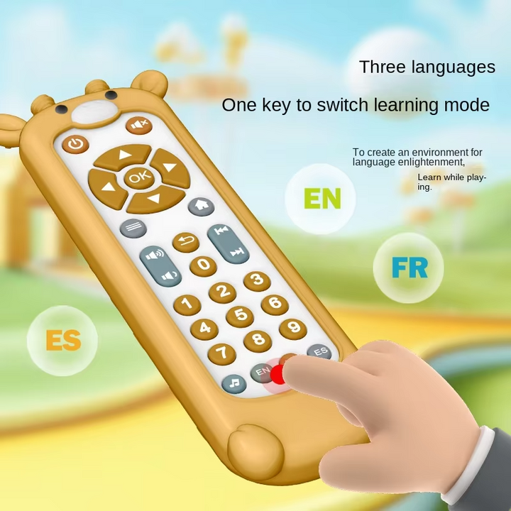 Giraffe toy remote with English, French, and Spanish learning-mode labels