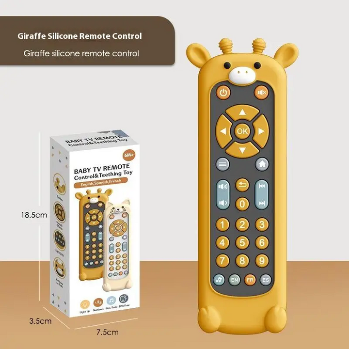 Yellow giraffe toy remote beside its retail box