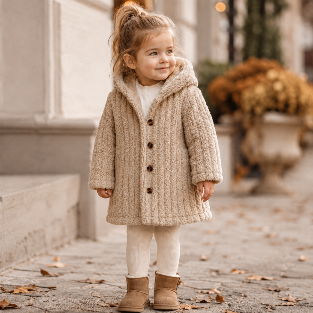 Girl wearing a beige hooded winter coat with leggings and boots outdoors