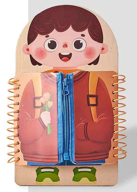 Girl-style character activity board with a red jacket design, blue zipper, and yellow side bindings