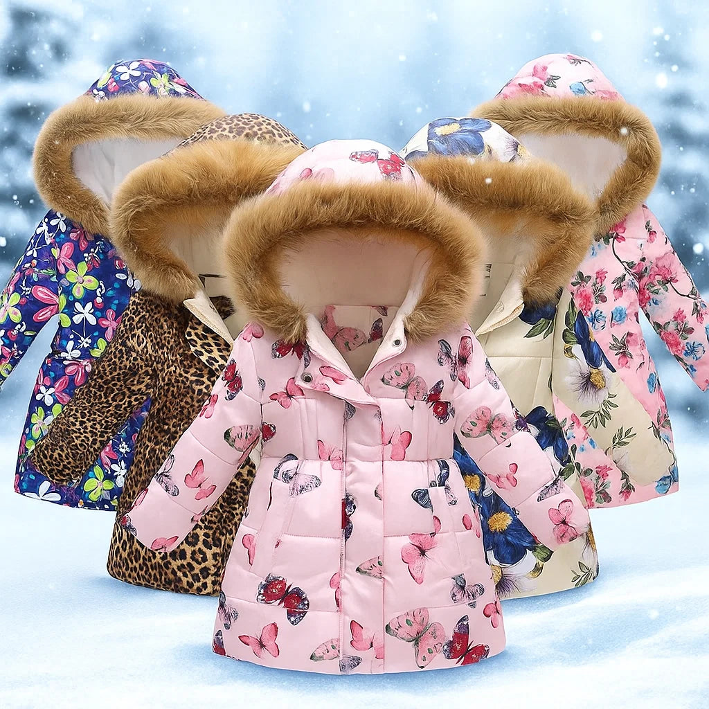 Girls' hooded winter coats in floral, butterfly, and leopard prints against a snowy backdrop