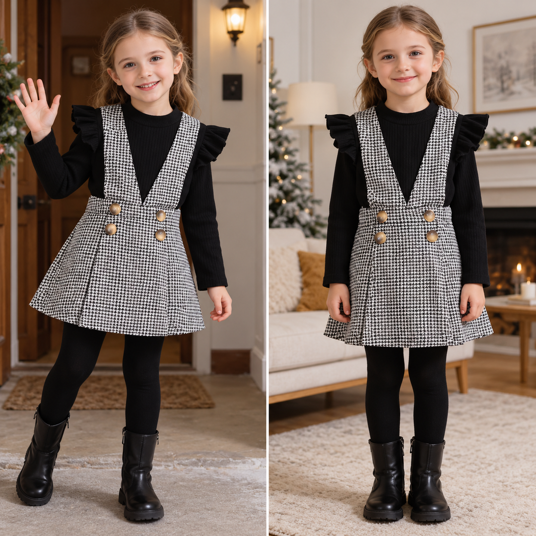 Houndstooth pinafore and black ruffled top styled with black tights and boots in two indoor views.