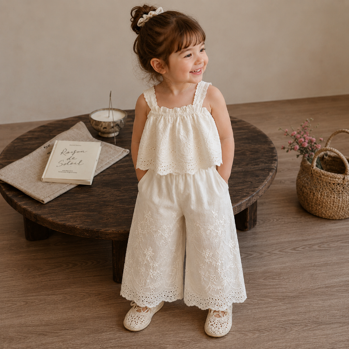 Girl wearing a white lace top and wide-leg pants with scalloped embroidered hems