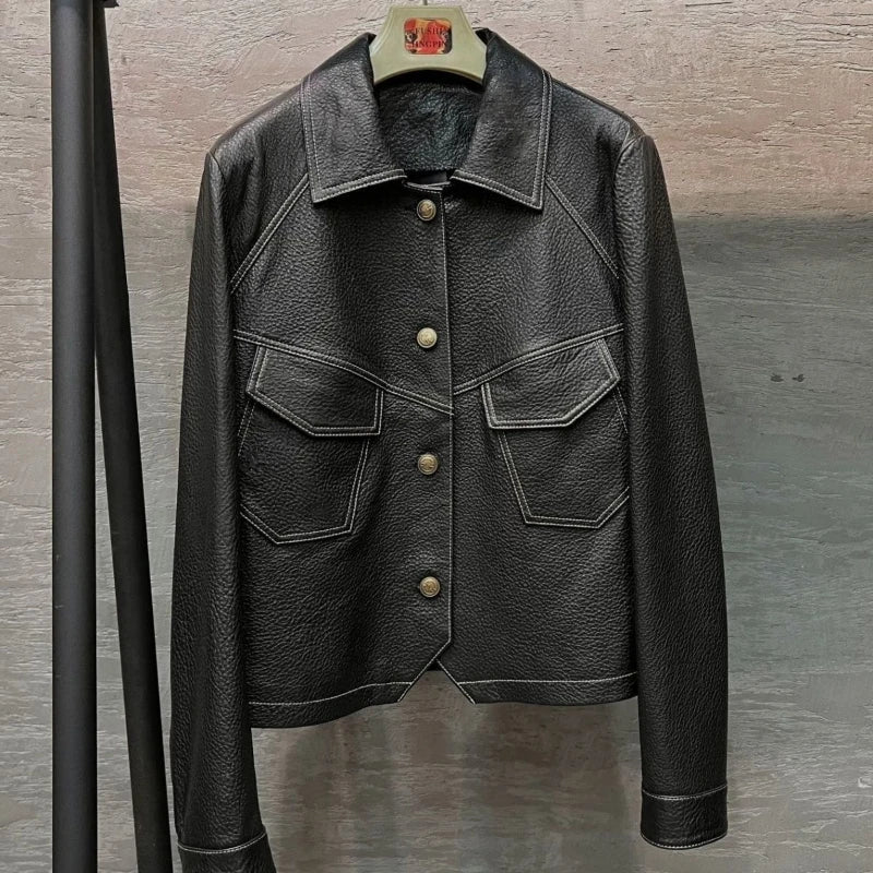 "Gisella" Cropped Leather Blazer (Khaki XS) - Jacket | Zavonix