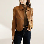 "Gisella" Cropped Leather Blazer (Khaki XS) - Jacket | Zavonix
