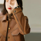 "Gisella" Cropped Leather Blazer (Khaki XS) - Jacket | Zavonix
