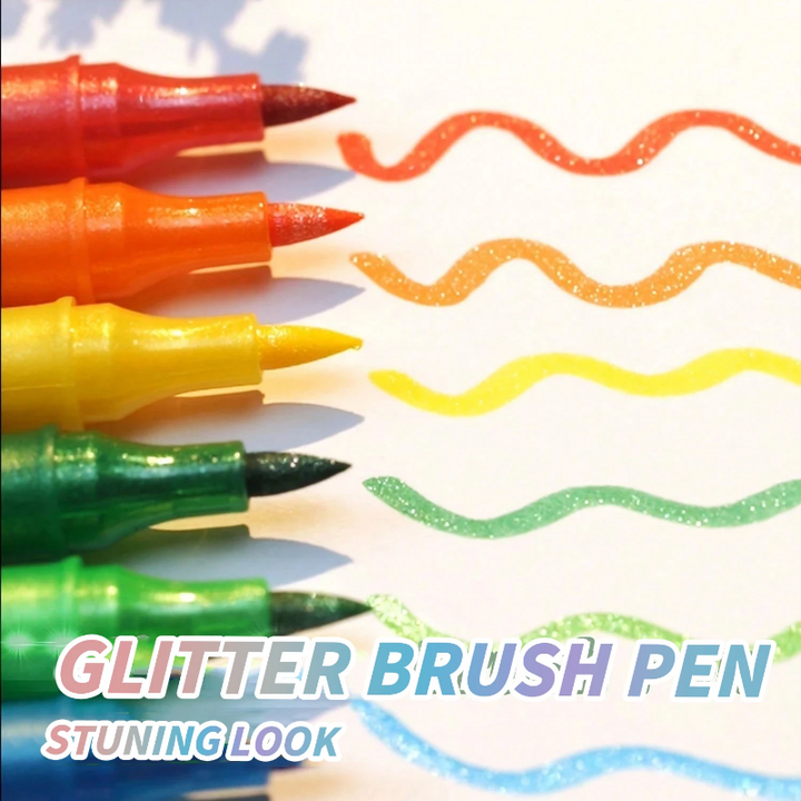 Brush-tip glitter markers beside wavy color swatches