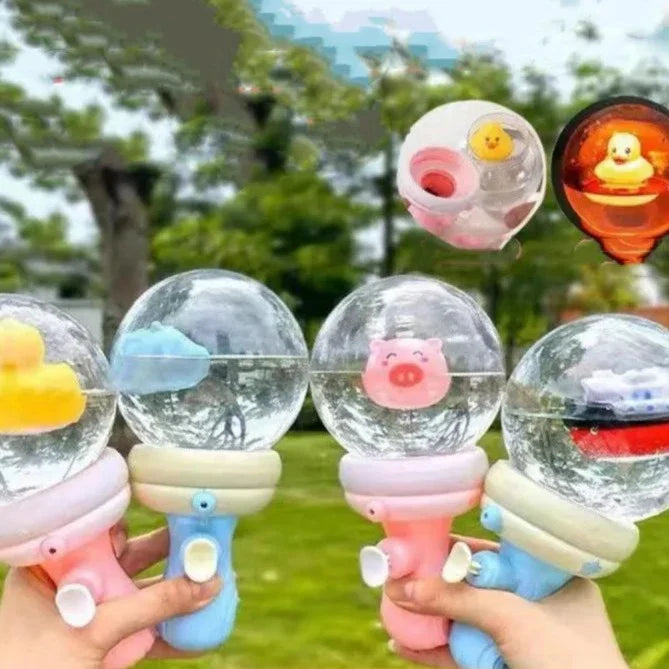Animal and boat water guns with clear globe tops held outdoors, with light-up details shown in insets