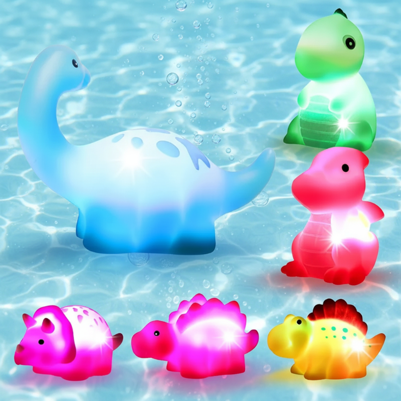 Six dinosaur bath toys glowing in blue, green, pink, and yellow on a water background