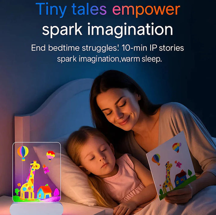 Parent reading with a child in bed beside a glowing giraffe drawing board