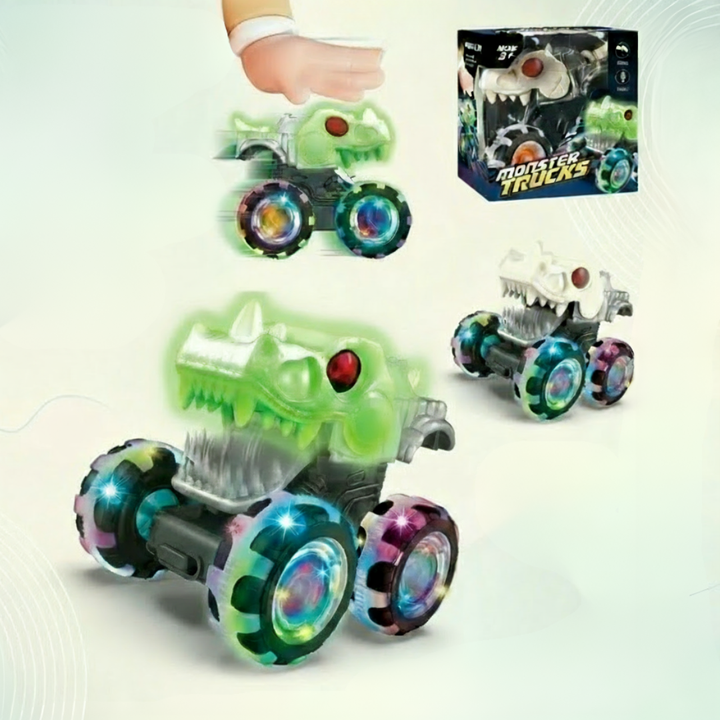Glowing green dinosaur monster truck with a translucent body and multicolored wheels