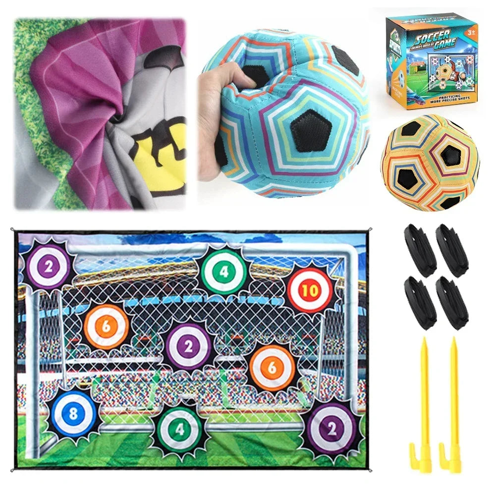 Goal-style soccer target with flannel and ball close-ups, ribbons, ground stakes and a product box