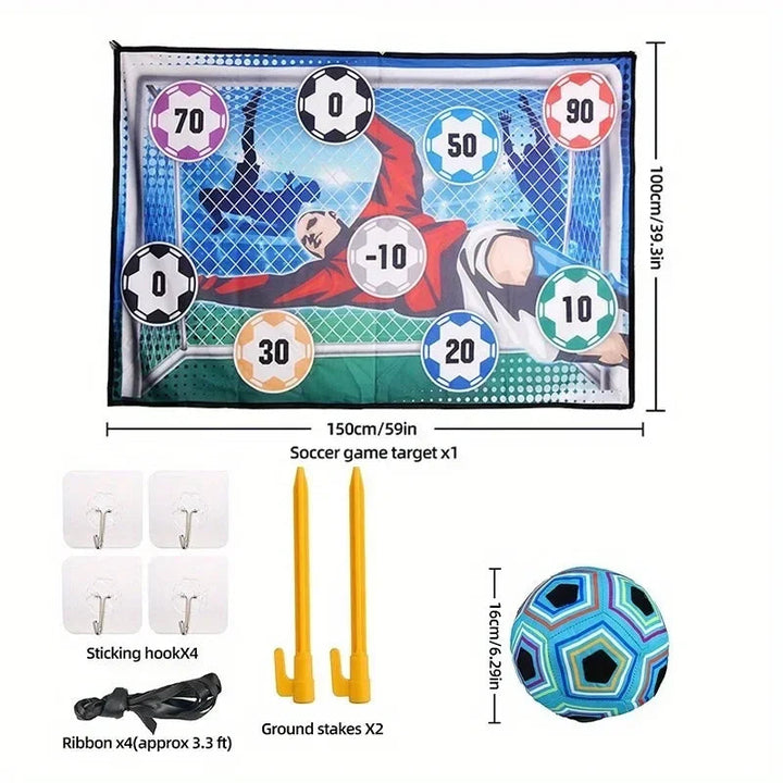 Soccer target measurement guide showing a 150 by 100 cm mat, 16 cm ball and mounting accessories