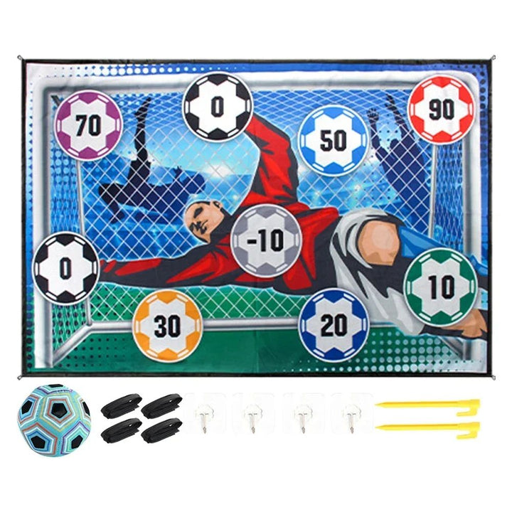 Goalkeeper-design soccer target set with a blue ball, four ribbons, four hooks and two ground stakes