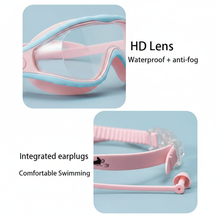 Pink-and-blue swimming goggles showing the lens and integrated earplugs
