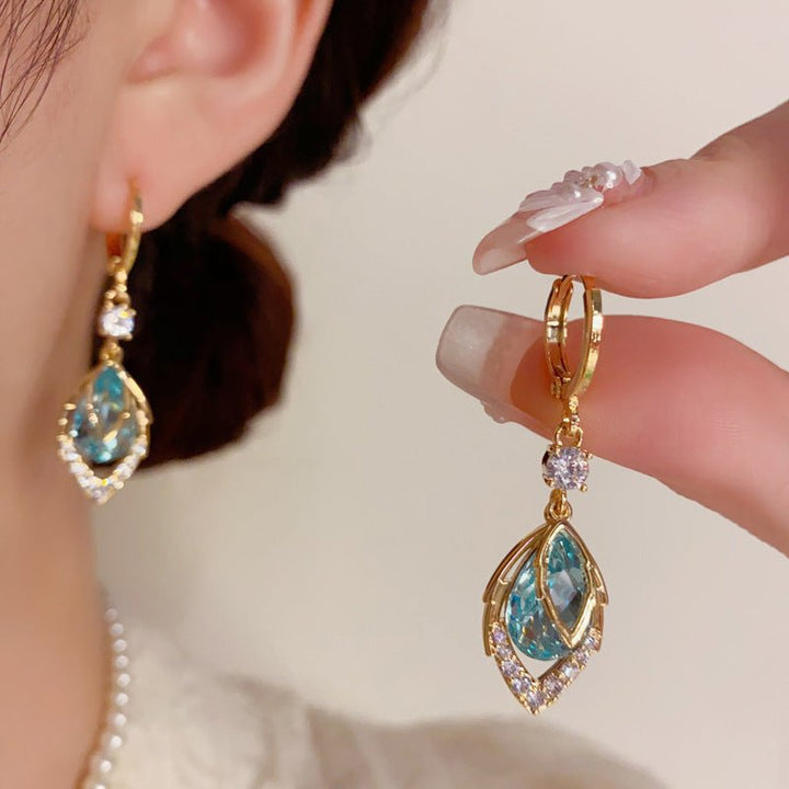 Gold Blue Art Deco Drop Hoop Earrings Product Image 01
