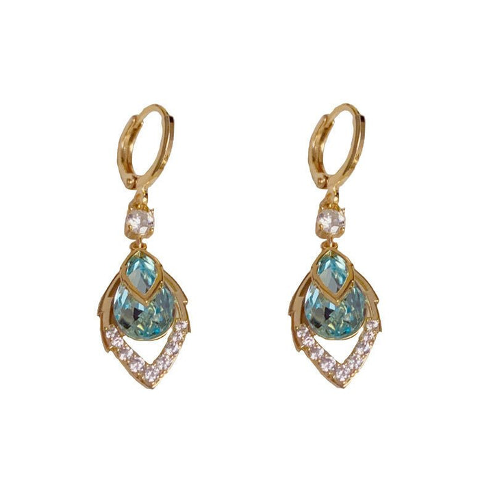 Gold Blue Art Deco Drop Hoop Earrings Product Image 02