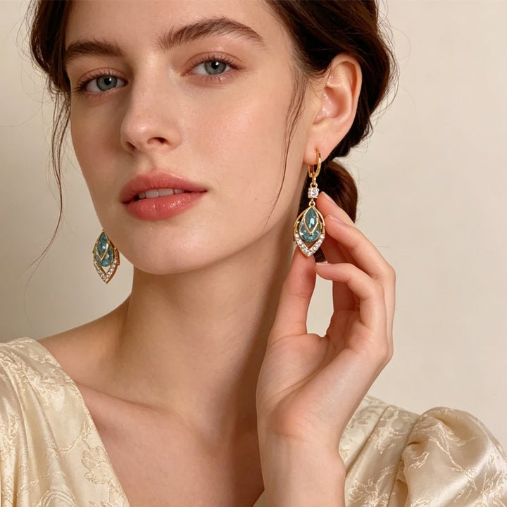 Gold Blue Art Deco Drop Hoop Earrings Product Image 03