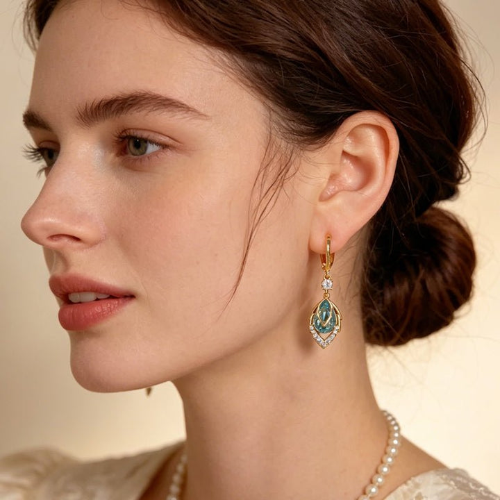 Gold Blue Art Deco Drop Hoop Earrings Product Image 04