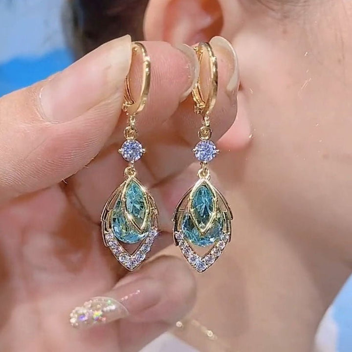 Gold Blue Art Deco Drop Hoop Earrings Product Image 05