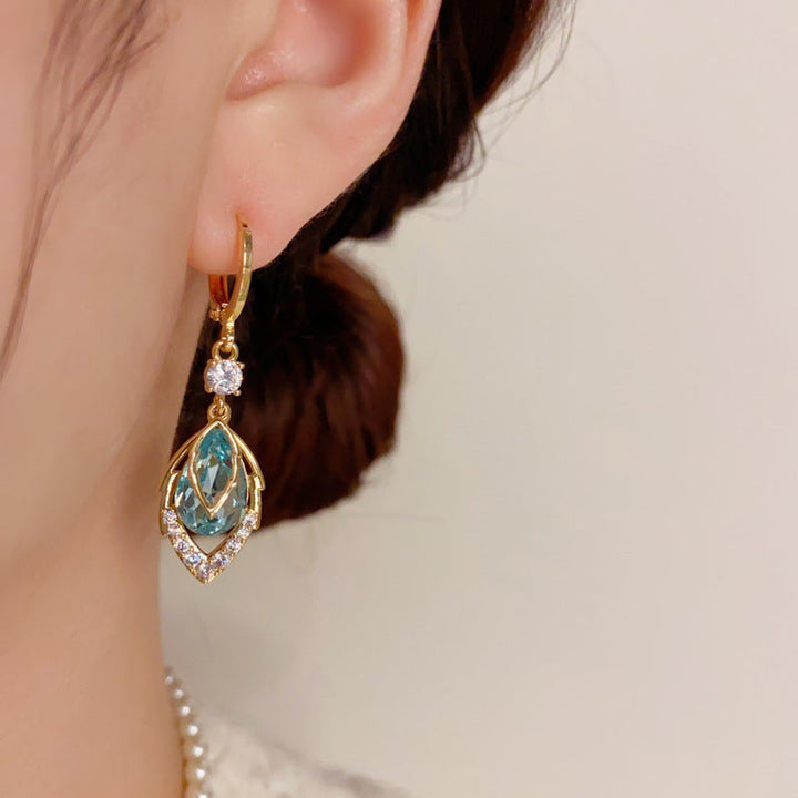 Gold Blue Art Deco Drop Hoop Earrings Product Image 06